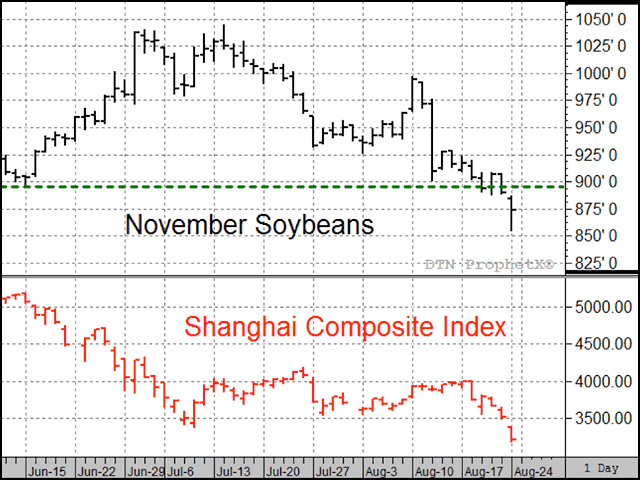 On Aug. 24, the Shanghai Composite Index dropped nearly 9% and sparked a selling panic in several other markets, soybeans included. At times like these, it pays to get away from market hype and re-focus your attention on value (Source: DTN ProphetX).